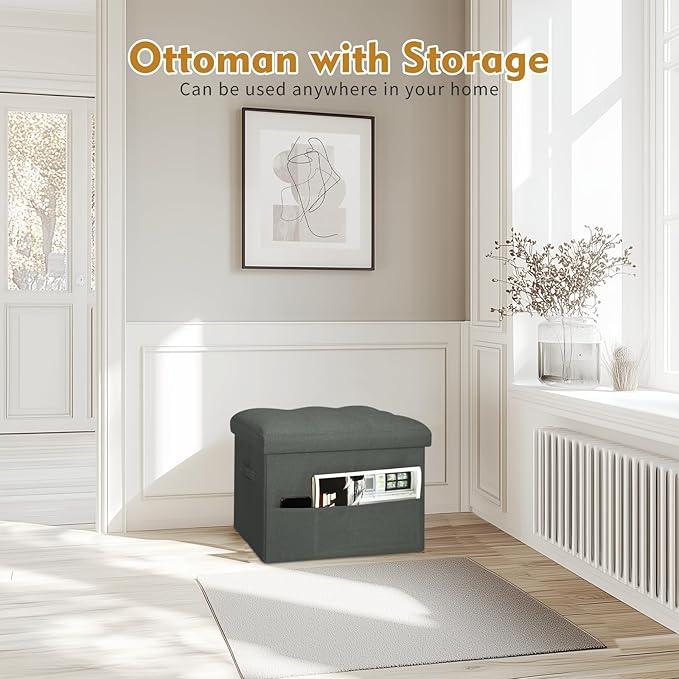 Small Ottoman with Storage, Foldable Ottoman Foot Rest Stool with Thicker Foam Padded Seat. Linen Storage Bench for Bedroom Living Room, Holds Up to 300 lbs, 17x13x13IN(Black Green)