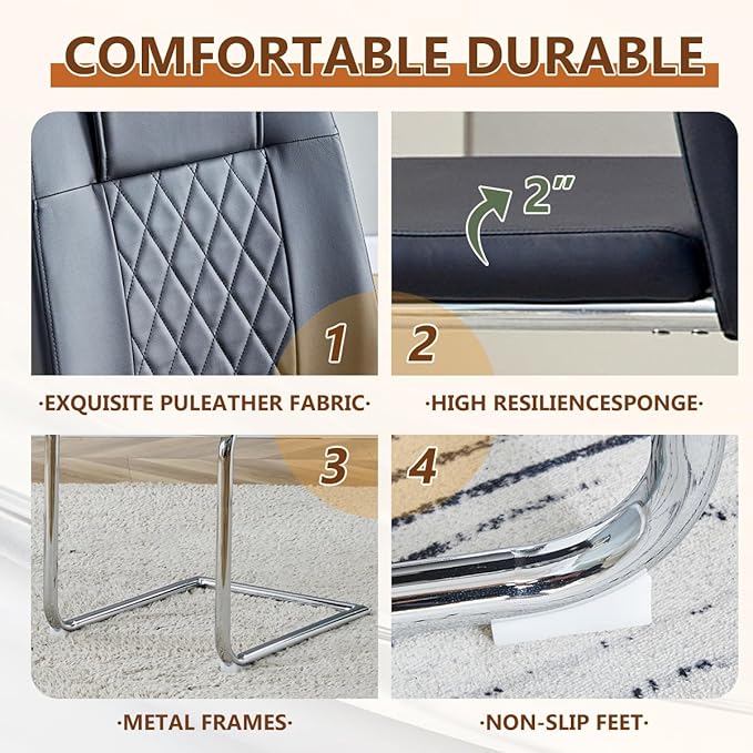 63'' Glass Dining Table Set for 4, Kitchen Table Chairs Set of 4, Clear Glass Dining Table with Black unique design Leg and Silver Metal Base, 4 PU Dining Chairs with Metal Legs, Living Room, Kitchen.