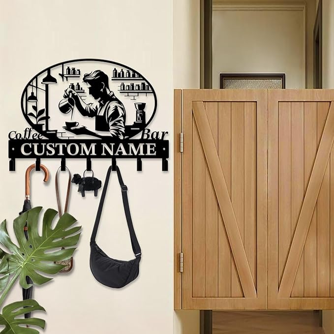 Coffee Bar Keys Holder - Metal Iron Wall Hooks with Custom Name | Personalized Home Decor & Gift Idea | Coffee-Themed Text Engraving Design (Style E)