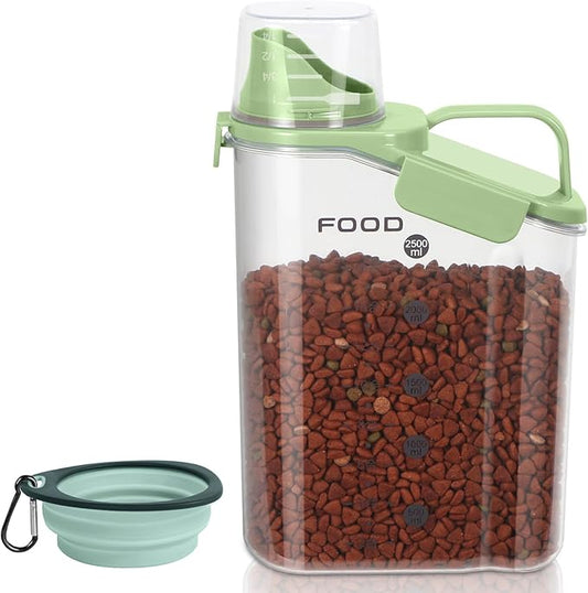 3-5Lbs Airtight Small Cat and Dog Food Storage Containers with Pet Folding Bowl, BPA Free Pet Containers with Large Pour Spout/Measuring Cup/ 3 Safety Locks/Double-Layer Silicone Strip