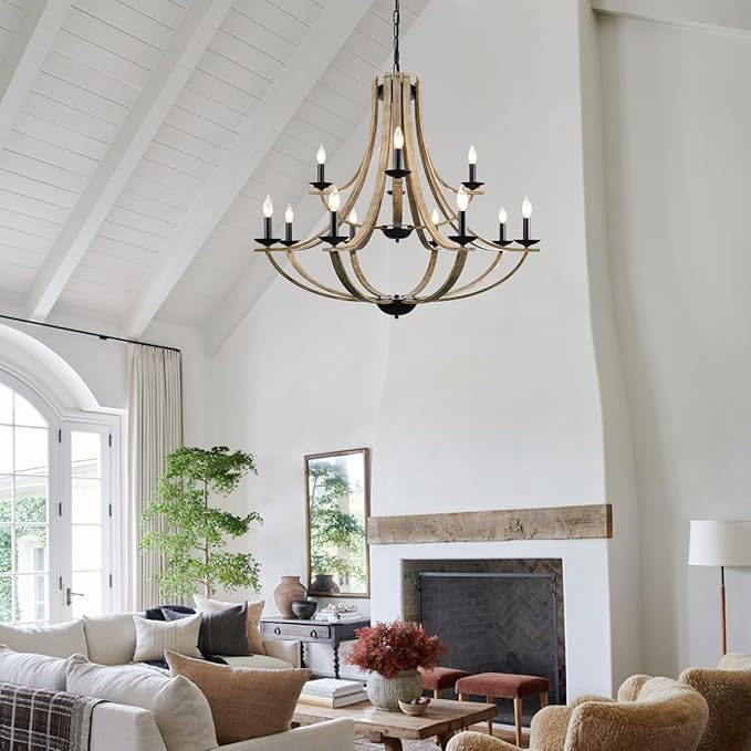 Farmhouse Chandeliers for Dining Room Light Fixture, 2 Tier 12-Light 41" Adjustable Height Retro Faux Wood Texture Rustic Light Fixtures for Living Room Bedroom Kitchen Island Foyer Entryway