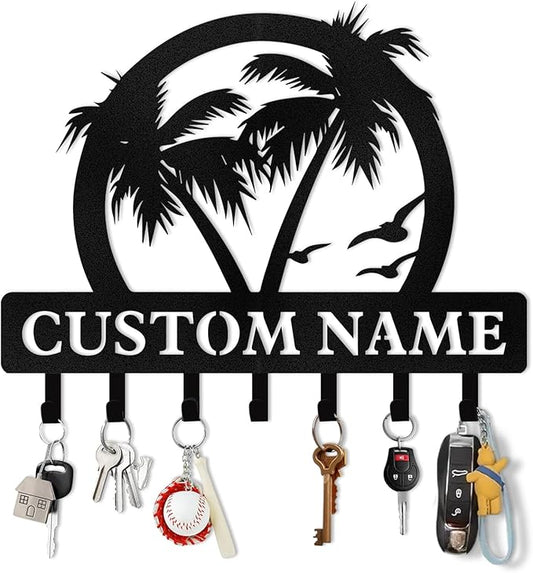 Personalized Key Holder for Wall, Beach Theme Key Holder Wall Mount with Hooks, Coconut Trees Key Hanger Wall Decor for Pool Bathroom Hallway Entryway Office, Customized Home Decor Gifts Color07