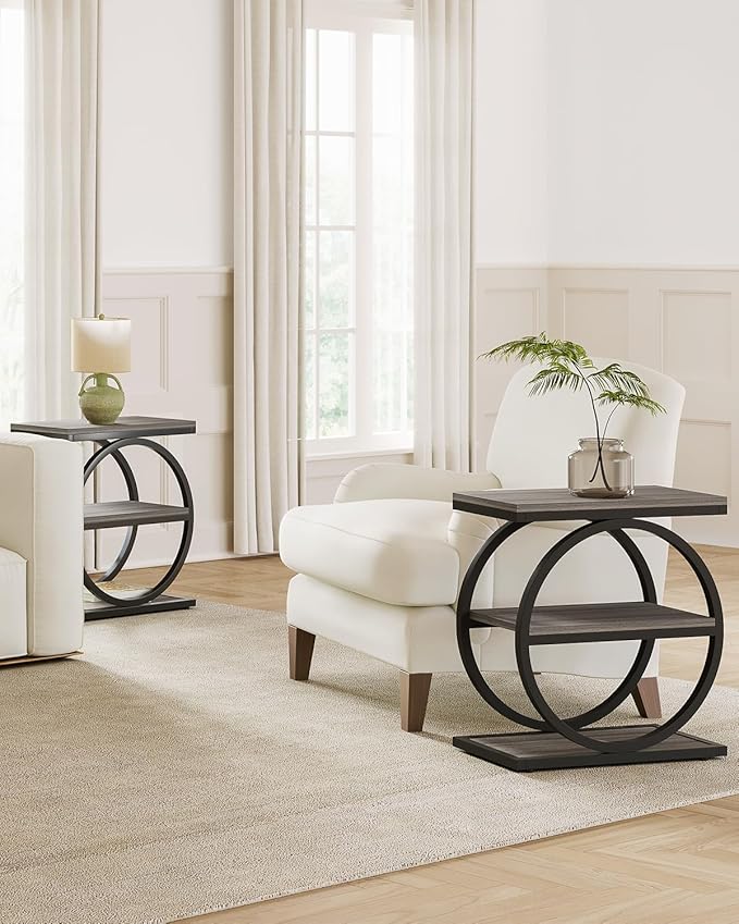 LITTLE TREE End Table, 3-Tier Side Table, Slim Sofa Side Table for Living Room, Tall Bedside Table Nightstand for Bedroom, Grey and Black
