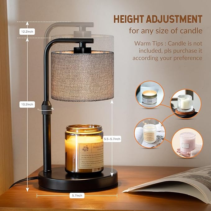 Dexnump Candle Warmer Lamp with Timer, Dimmable Candle Wax Warmer with 2 Light Bulbs, Height Adjustable Electric Candle Light for All Size Scented Candles, Home Room Decor, Gifts for Women Mom
