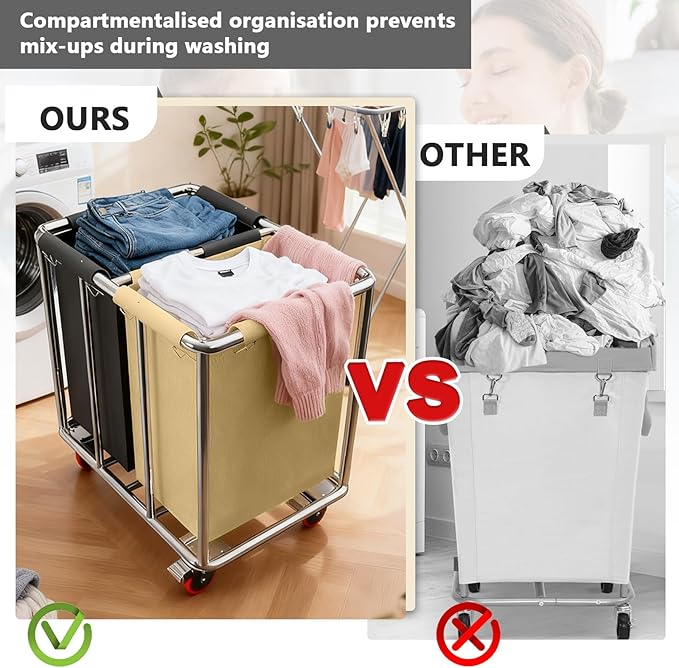 Commercial Laundry Cart with Wheels, 400L 2-Section Large Lanudry Hamper with Wheels, Heavy-Duty Rolling Laundry Cart with Silent Rubber & Waterproof Oxford Bags (Black Beige)