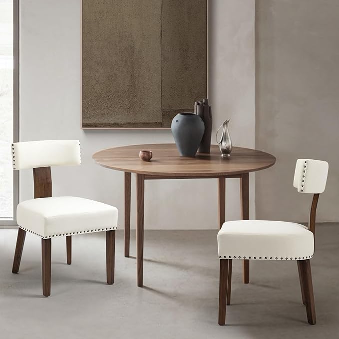 Upholstered Wooden Farmhouse Dining Chairs Set of 4, Mid-Century Modern Fabric Dining Room Chairs with Wood Legs, Curved Backrest Kitchen Armless Accent Chairs for Living Room, Beige