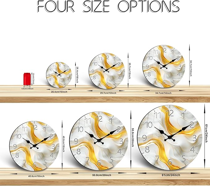 Decorative Wooden Clock for Home Office Decor 16 Inch Modern Marble Texture Round Clock Battery Operated Silent Wall-Clock for Living Room