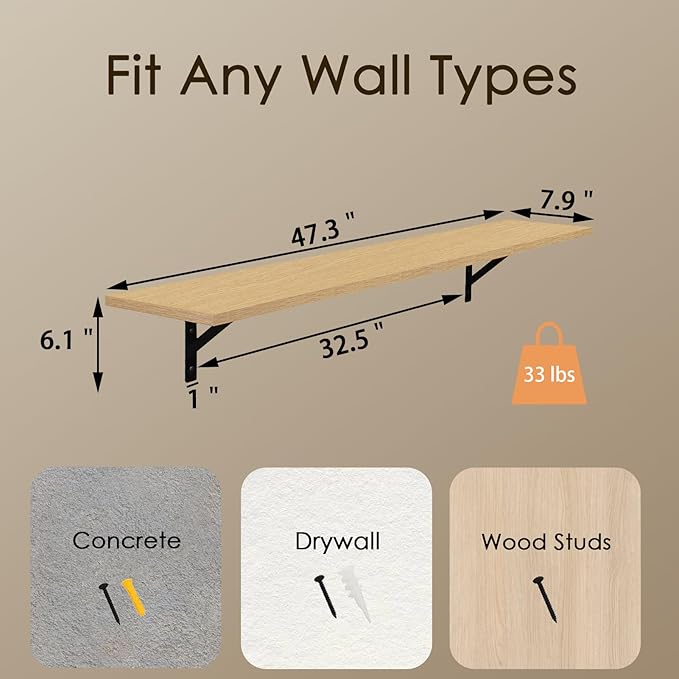 DINZI LVJ Long Wall Shelves, 47.3Inch Wall Mounted Shelves Set of 2, Extra Large Storage Ledges with Sturdy Metal Brackets for Living Room, Bathroom, Bedroom, Kitchen, Natural