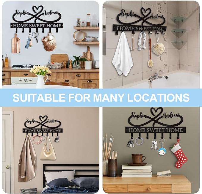 Personalized Custom Couple's Name Metal Key Holder - Love Shape Key Hooks for Wall, Housewarming Wedding Gifts, Bedroom Entryway