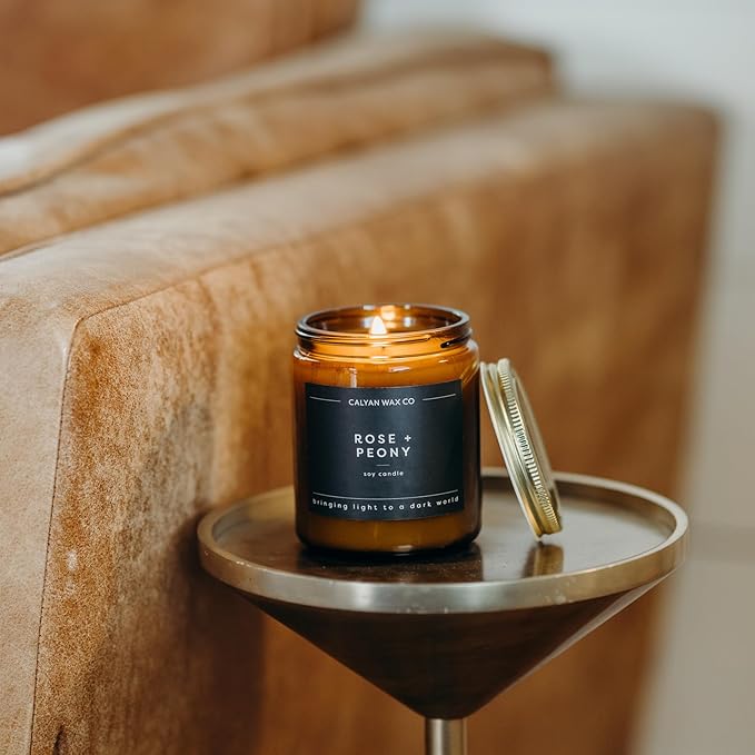 Calyan Wax Co. Rose & Peony Scented Candle - 57 Hour Burn - Luxury Non Toxic Soy Wax Candles - Long Lasting Amber Glass Jar Candle for Home - 7.2oz