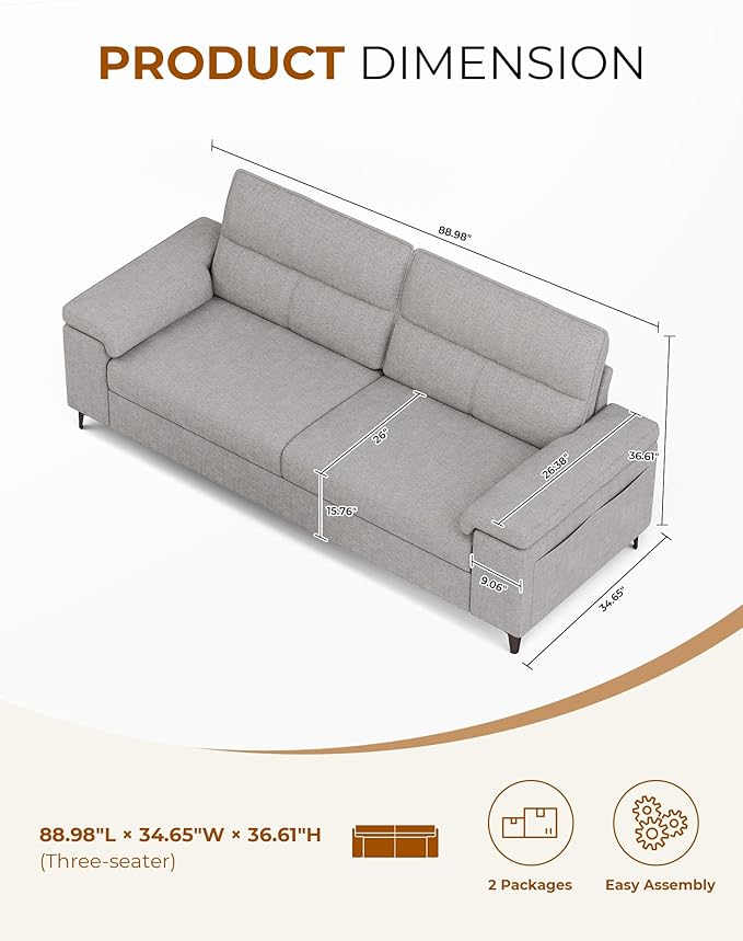 88.97" Modern Sofa Couches for Living Room, Deep Seat Sofas with 8”Cushion, Comfy 2-Seater Chenille Loveseat with Convertible Armrest, Removable Sofa Cover, High Leg(Light Gray)