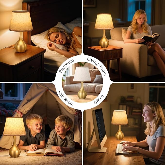 Seealle Touch Table Lamps for Nightstand, 3-Way Dimmable Small Bedroom Lamps for Night Stands, Gold Bedside Lamps for Living Room, Kids Room, End Table(LED Bulb Included)