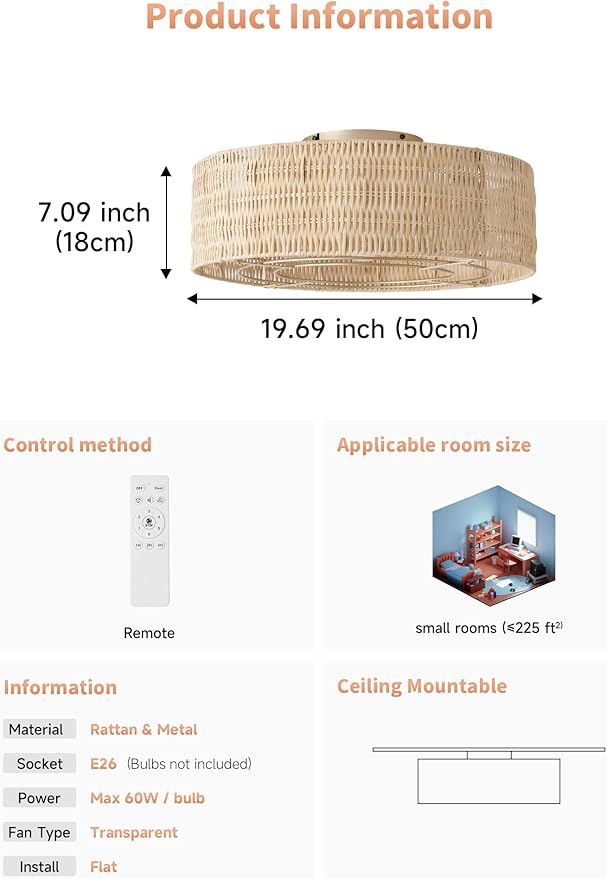 Caged Ceiling Fans with Lights Flush Mount, 20" Fabric Boho Ceiling Fan with Light Remote Control, Enclosed with 6 Speeds for Bedroom, Nursery, Living Room (Beige)