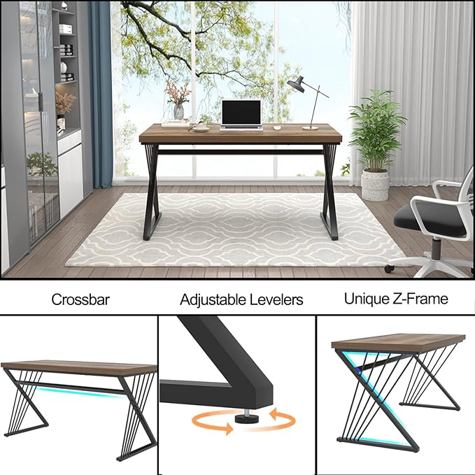 FOLUBAN Computer Desk, Modern Home Office Desk, Wood and Metal Study Writing Gaming Table for Bedroom Living Room, Rustic Oak, 53 Inch