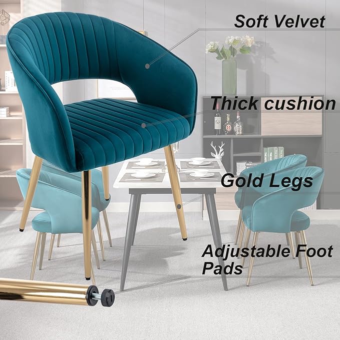 Modern Velvet Dining Chairs Set of 4, Upholstered Gold Dining Chairs with Hollow Back, Dining Room Chairs with Gold Legs, Accent Armrest Kitchen Chairs for Living Room Reception Teal Blue