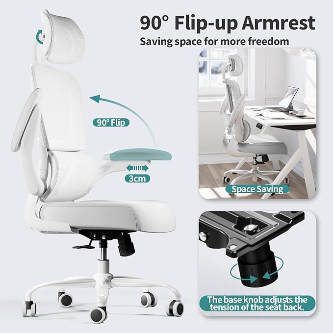 TRALT Office Chair Ergonomic Desk Chair, 330 LBS Home Mesh Office Desk Chairs with Wheels, Comfortable Gaming Chair, High Back Office Chair for Long Hours (White White)