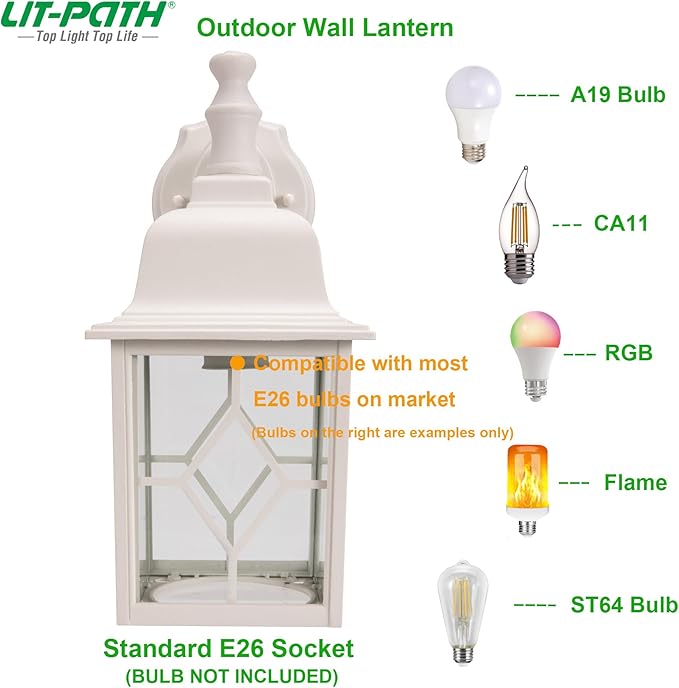 LIT-PaTH Dusk to Dawn Outdoor Wall Lantern, White Large Exterior Wall Light Fixture, E26 Base, Anti-Rust Aluminum Porch Lighting for Outside, Patio, Garage, 1 Pack