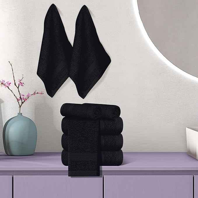 BOUTIQUO Ultra Soft Cotton Washcloths, Contains 12 Piece Face Cloths 12x12 inch, Ideal for Everyday use Face Towels, Compact & Lightweight Multi Purpose Washcloths - Black