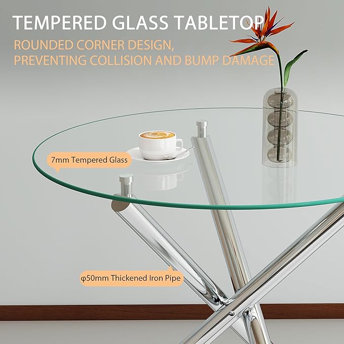 36" Round Glass Dining Room Table for 4 with Tempered Glass Top and Silver Chrome Metal Tube Legs, Modern Clear Kitchen and Dinner Table for Home Office Dining Room
