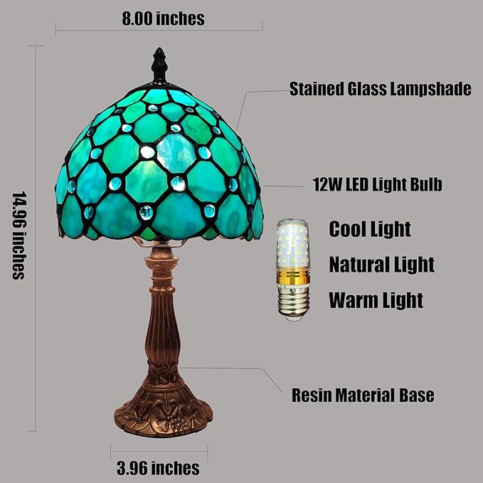 Small Tiffany Table Lamp 8 Inch Tiffany Style Desk Lamp Stained Glass Antique Light Bedroom Bedside Lamp Retro Reading Lamps (Green Pearls Style)