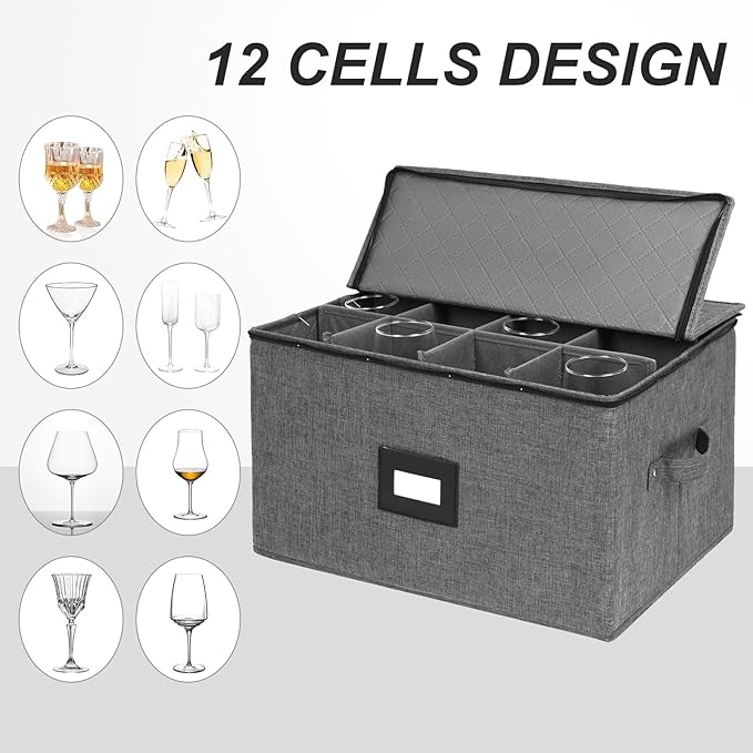 Mayniu Stemware Storage Containers, Wine Glass Storage Box with Dividers for Glasses, Glassware, Crystal, Wine Glass Packing Boxes for Moving, Hard Shell Top Sides Bottom and Stackable (Black)