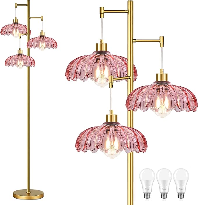 Vintage Floor Lamps for Living Room Bedroom-3 Light Glass Floor Lamp with Three Led Bulb, Modern Mid Century Standing Lamp Brass Tall Lamp Gold Tree Floor Lamp for Bedroom Corner