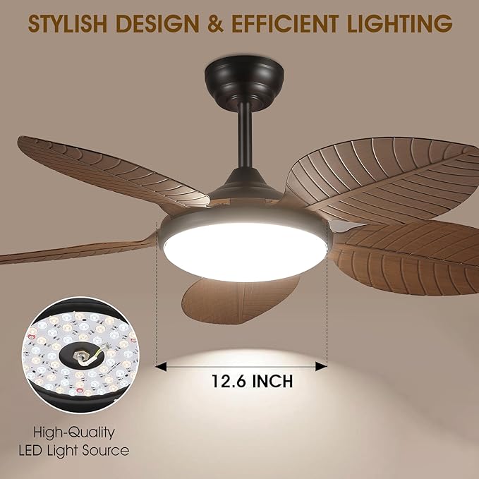 Ceiling Fans with Lights and Remote/APP Control, 48 Inch Tropical Ceiling Fan for Bedroom Living Room, Outdoor Palm Leaf Ceiling Fan for Patios Porch, Dimmable, 6 Speeds, Reversible, Brown