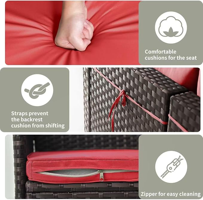 Gotland 15 Pieces Patio Furniture Set with Fire Pit Table, All Weather Rattan Outdoor Furniture with 29.5'' High Backrest 4’’ Thick Cushions Coffee Table, Patio Set for Porch, Deck, Backyard, Red