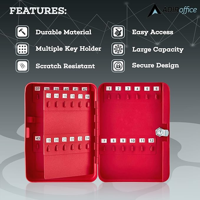 AdirOffice Key Lock Box – 48 Key Hooks Wall Mounted Key Cabinet Lock Box, Car Keys Holder Box, Lockable Key Storage Box - Metal Key Box Organizer with for Home and Office