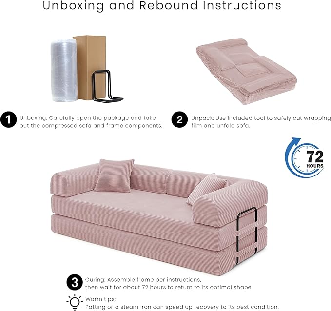 Compression Sofa - 79'' Convertible Sofa Bed, Boneless Couch in a Box, Modular Corduroy Foldable Sleeper Sofa with 2 Pillows, Loveseat Couches for Living Room (Corduroy Fabric, Pink)