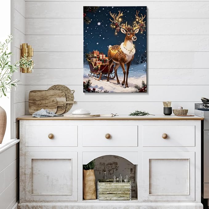 AbcCustomize Vintage Reindeer & Gift Boxes Christmas Wall Art - Snowy Holiday Scene Canvas Print with Festive Lights, Rustic Winter Decor for Room, Perfect Christmas Gifts & Holiday Decorations