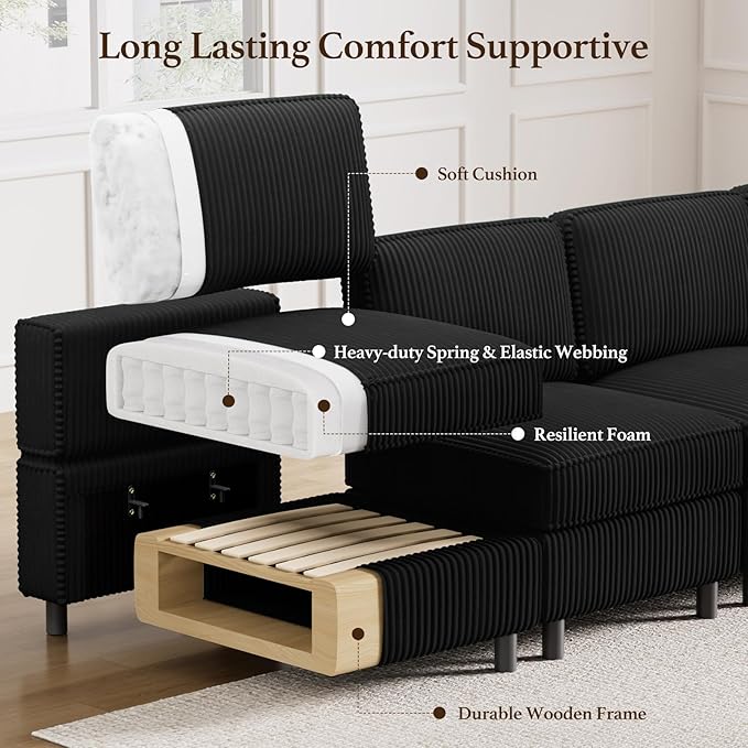 9 Seat Modular Sectional Sofa Sleeper Couch with Deep Storage Seat Corduroy Sectional Sofa Bed for Living Room,Black