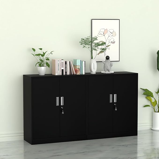 Metal Storage Cabinet with Locking Doors and 2 Adjustable Shelves, Small Lockable Steel Storage Cabinets for Home Office Garage Kitchen Pantry (Black)
