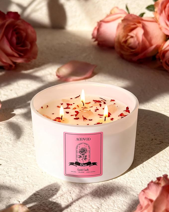 AOOVOO Rose Scented Candles for Women - 20oz 3 Wick Soy Candles for Home Scented, Aromatherapy Candle with Crystals Inside, Birthday Gifts Christmas Candle for Women Mom