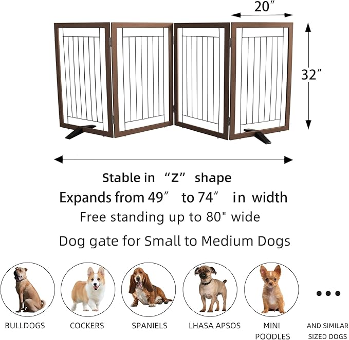 ZJSF Freestanding Dog Gate Indoor, Foldable Dog Fence for Doorways,Hallways or Stairs, Sturdy Wood Extra Wide Pet Gate with Support Feet,Brown,32 "Height-4 Panels