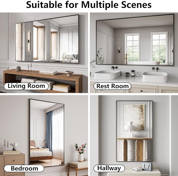 Bathroom Mirror 36x60 Matte Black Rectangle Bathroom Wall Mirror for Over Sink, Modern Large Vanity Mirror, HD Tempered Glass, Anti-Rust Aluminum Alloy Frame, for Living Room, Bedroom, Entryway