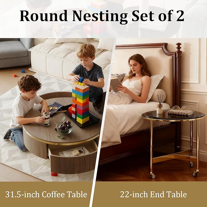 31.5 Inch Coffee Table with 2 Storage Drawers, Vintage Walnut Nesting Coffee Table Set of 2, Mid-Century Round Tea Center Table with Gold Chrome Base for Living Room Apartment