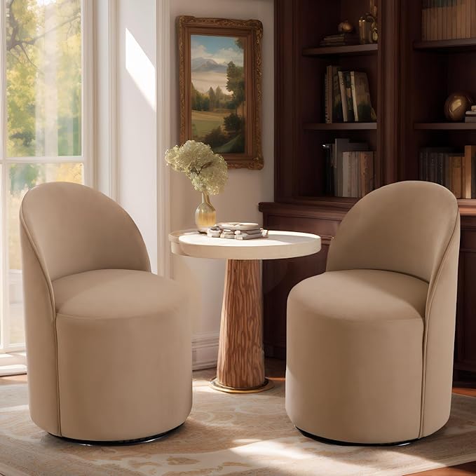 Modern Barrel Dining Chairs Set of 2, Swivel Base Khaki Accent Chair 360°Rotating Vanity Chair Mid-Century Dining Side Chair Kitchen Chair for Living Room, Bedroom, Home, Office, Kitchen