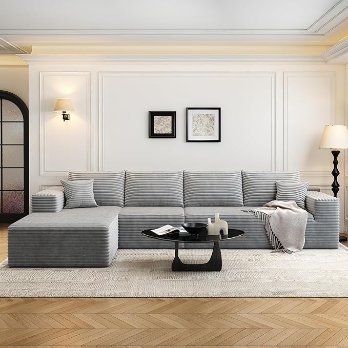 135.4" Cloud Modular Sectional Sofa Couch with L-Shape Chaise,Modern Minimalist Upholstered Couches for Living Room Bedroom,Deep Seat Corner Couch，No Assembly Required (Grey,Left Facing Chaise)