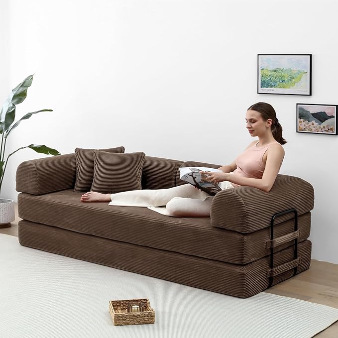 Compression Sofa - 79'' Convertible Sofa Bed, Boneless Couch in a Box, Modular Corduroy Foldable Sleeper Sofa with 2 Pillows, Loveseat Couches for Living Room (Corduroy Fabric, Brown)