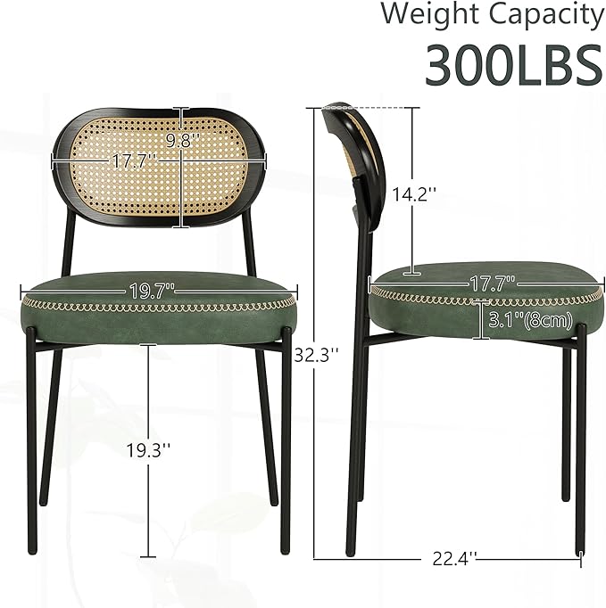 Rattan Dining Chairs Set of 6, Green Leather Upholstered Dining Chairs with Rattan Cane Back, Mid Century Modern Dining Room Chairs with Black Metal Legs & D-Shaped Thicken Cushion, Green