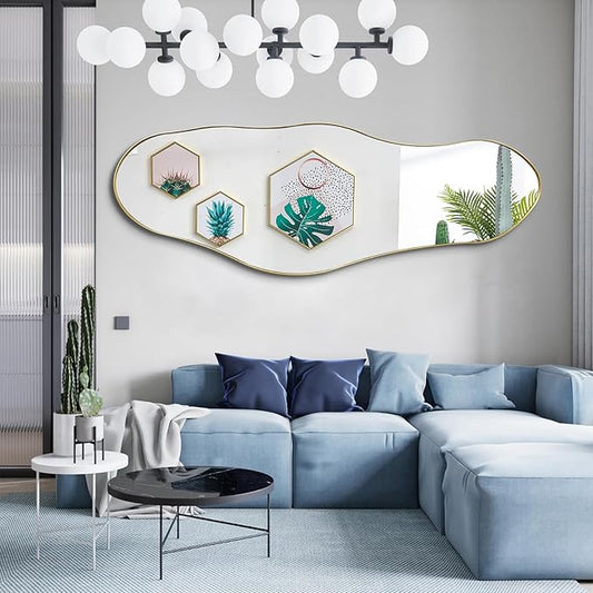 Irregular Mirror Full Length, 63"x22.5" Asymmetrical Wall Mirrors with Gold Metal Frame, Large Modern Abstract Unique Shaped Mirror for Living Room Bathroom Bedroom Hallway Entryway