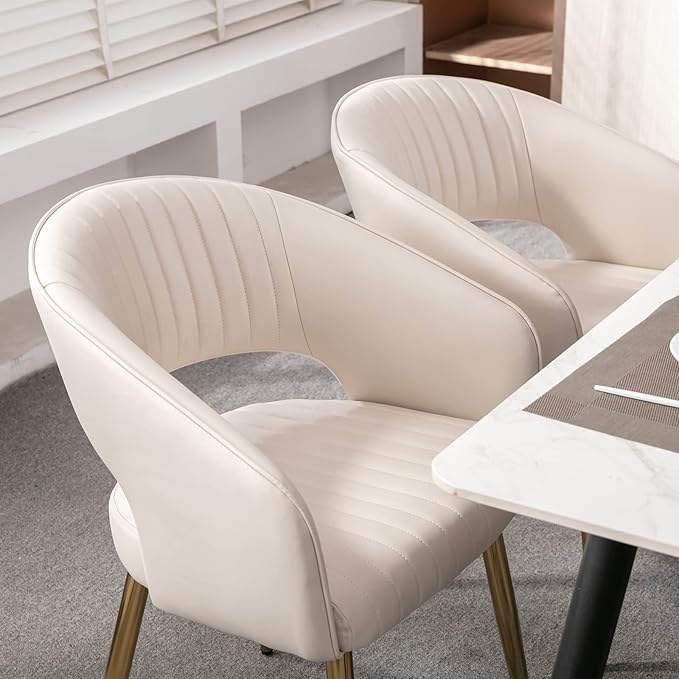 Modern Dining Chairs Set of 8, Upholstered PU Leather Gold Dining Room Chairs with Hollow Back, Accent Armrest Kitchen Chairs with Gold Legs for Living Room Cream