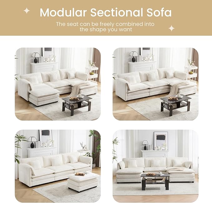 112" U Shaped Modular Sectional Sofa, 3 Seater Comfy Cloud Couch with Movable Ottoman, Deep Seat Couches for Living Room, Bedroom, Apartment (Beige)