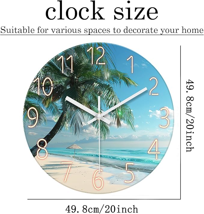 XFM Blue Beach Wall Clock 20 Inch Silent Wall Clocks Battery Operated Coastal Theme Palm Tree Wall Clock Decorative for Living Room Kitchen Bedroom Office