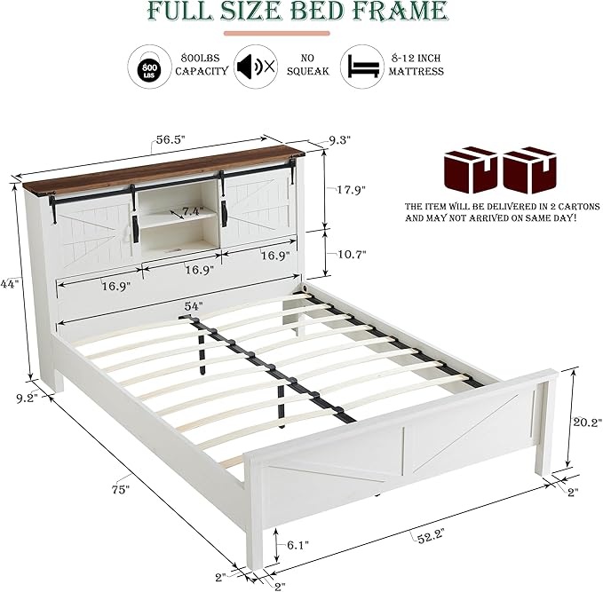 RedLemon Farmhouse Full Size Bed Frame with Bookcase Headboard, Sliding Barn Door, Storage Cabinet, Charging Station, Wood Slats Support, No Box Spring Needed, Antique White