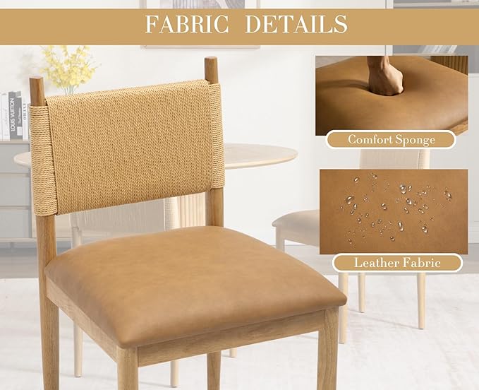 CIMOTA Faux Leather Modern Dining Chairs Set of 4, Mid Century Upholstered Dining Room Chairs with Woven Back, Armless Kitchen Chairs with Natural Solid Wood Legs, PU Brown