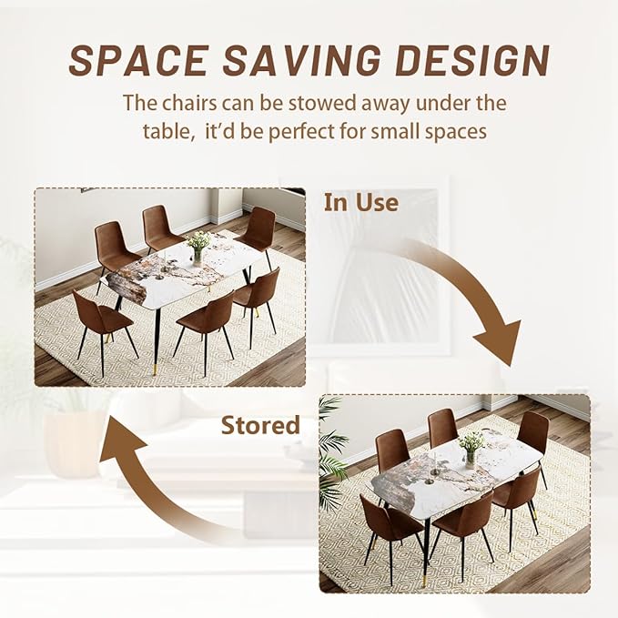 7 Piece Dining Table Set, 62'' Sintered Stone Dinner Table Set for 6, 6 Chair Dining Table Set, Easy to Assemble