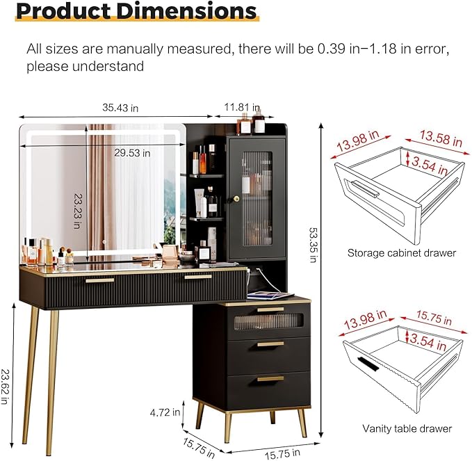 47.24" Big Modern Vanity Desk with Mirror and Lights, Vanity Desk with 29.53" HD Lighted Mirror, Makeup Vanity with 5 Drawers and Storage Shelves and Charging Station, Black2