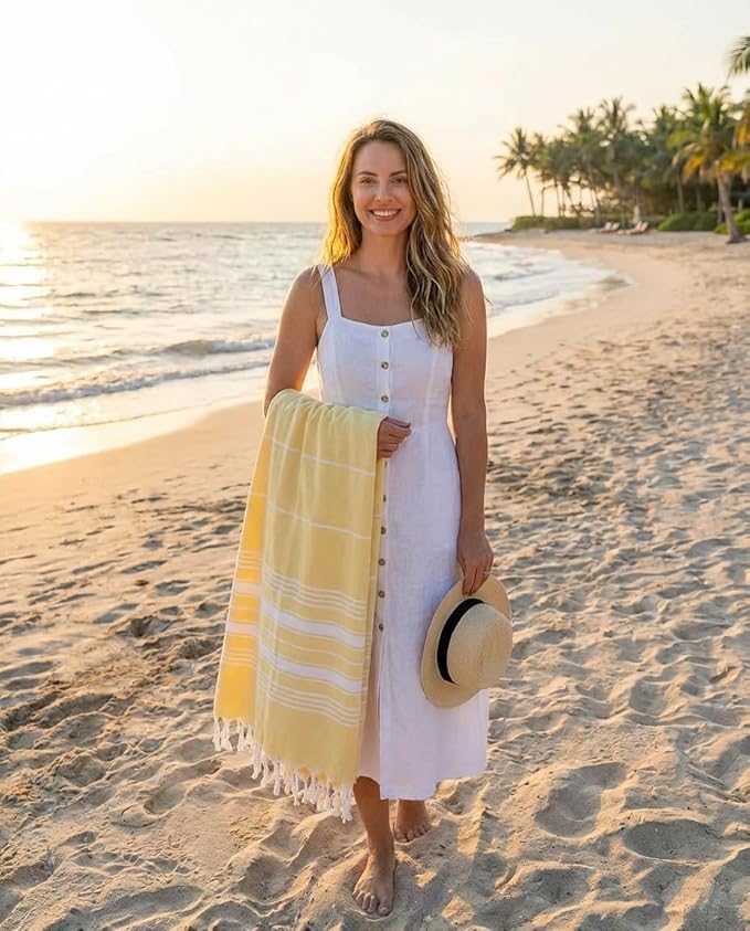 Bazaar Anatolia Turkish Beach Towel – 100% Cotton, Quick Dry, Sand Free Towel for Bathroom, Camping, Travel – Oversized 71x39 Inches – Stripe Yellow